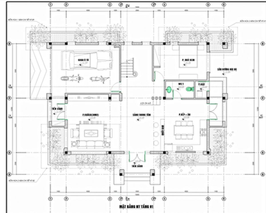 Bản vẽ kỹ thuật tầng 1 điển hình chia rõ chức năng các phòng