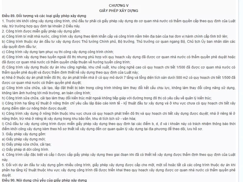 Khoản 2 Điều 89 Chương V Luật Xây dựng Số- 50/2014/QH13 về việc miễn giấy phép xây dựng