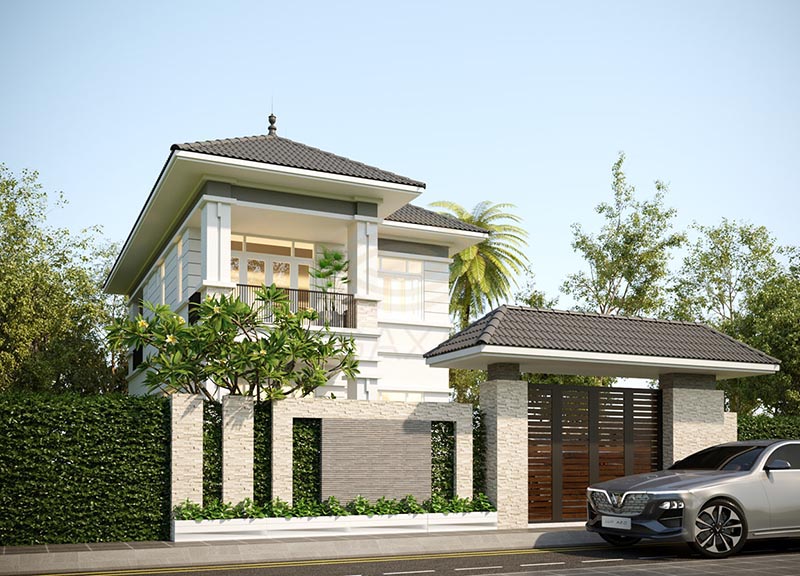 Mẫu nhà vườn mái nhật hướng Tây Nam thấp thoáng sau thảm thực vật xanh mượt