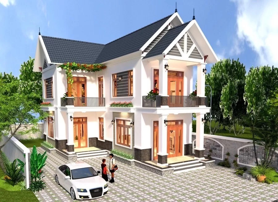 Nhà chữ L 4 phòng ngủ có mái thái sơn trắng nền nã