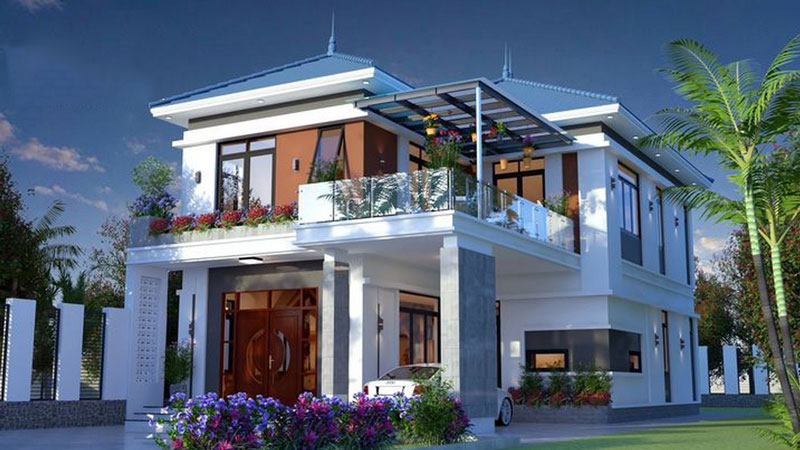 Nhà mái thái có sân thượng với dàn hoa ôm trọn không gian sống