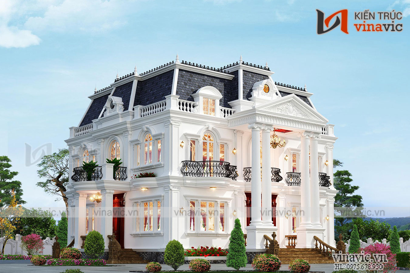 Dinh thự màu trắng sứ mái Mansard 2 tầng
