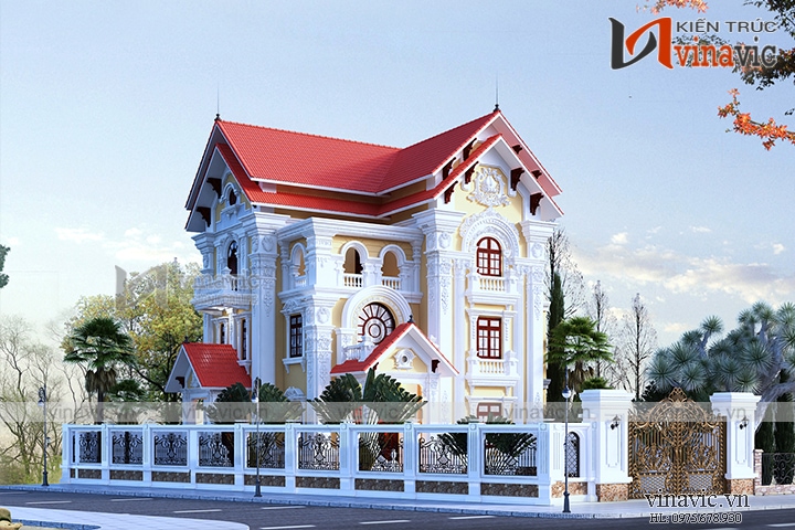 Mẫu nhà 3 tầng với hệ cửa đúc và hàng rào xa hoa