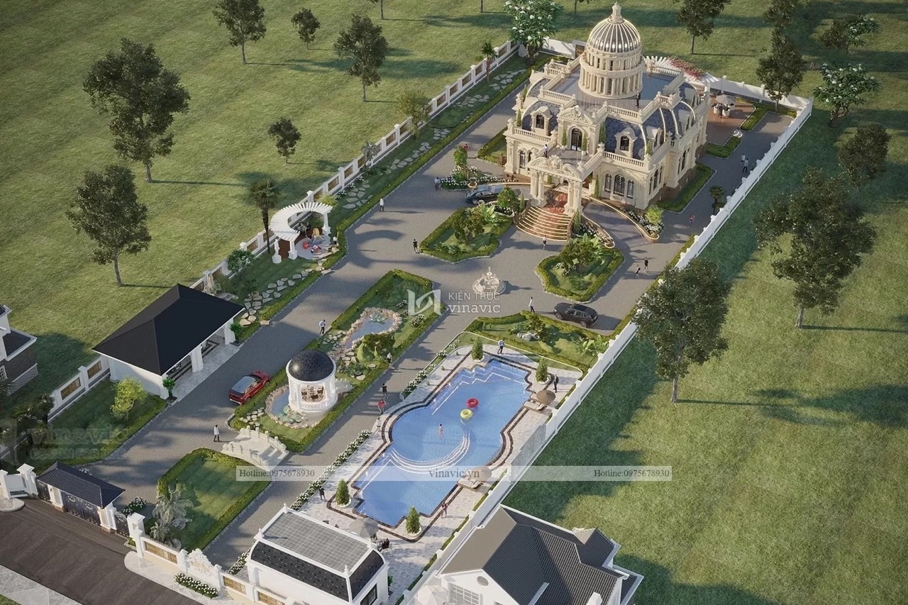 Phối cảnh tổng thể mẫu nhà vườn kiểu Pháp từ trên cao