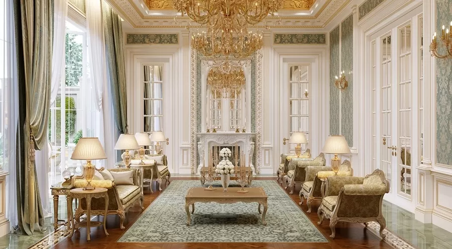 Phòng khách nhà kiểu châu Âu thường trải thảm và treo đèn chùm