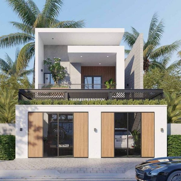 Biệt thự mái bằng thiết kế mặt tiền giật cấp giúp chống nắng, chắn gió