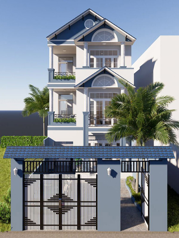 Mẫu nhà 77m2 có sân trước dài thuận tiện đỗ xe và trồng cây