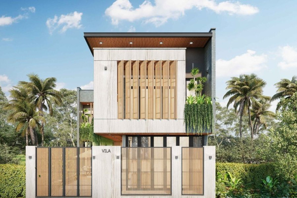 Mẫu nhà chữ L ngang 7m với thiết kế cổng nhà mộc mạc gợi nhớ lán trúc