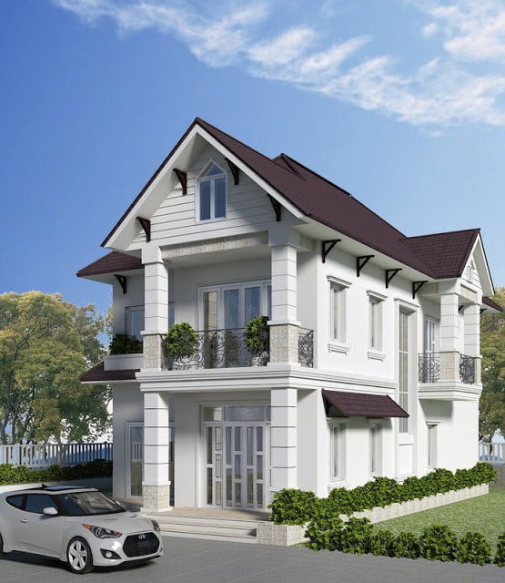 Mẫu nhà kiến trúc châu Âu đẹp nền nã với hệ cột cao và ban công hoa sắt yêu kiều