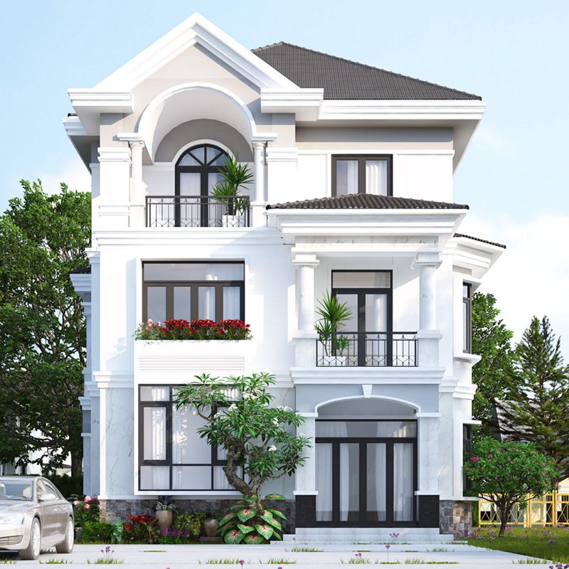 Biệt thự 3 tầng mái nhật đẹp sang trọng kiểu Pháp kết hợp làm khách sạn