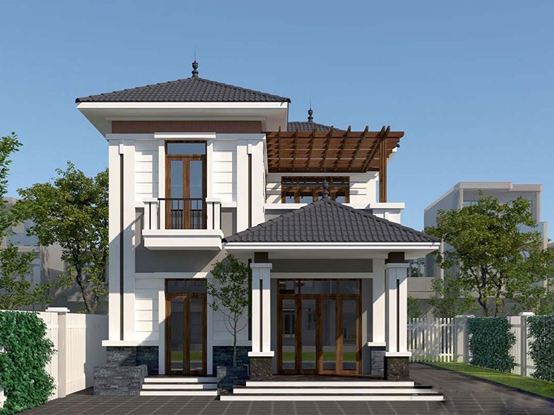 Mẫu nhà 2 tầng có sân rộng tiện lợi làm chỗ để xe