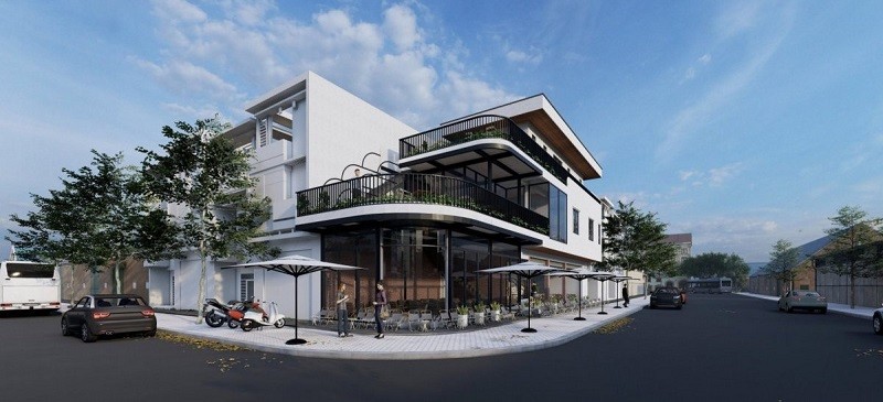 Mẫu nhà 2 tầng mặt bằng góc phố mở quán nước sang chảnh