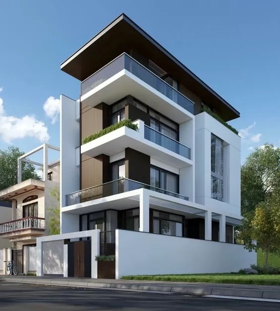 Mẫu nhà 4 tầng mái bằng đẹp tinh xảo vận dụng chất liệu vách kính
