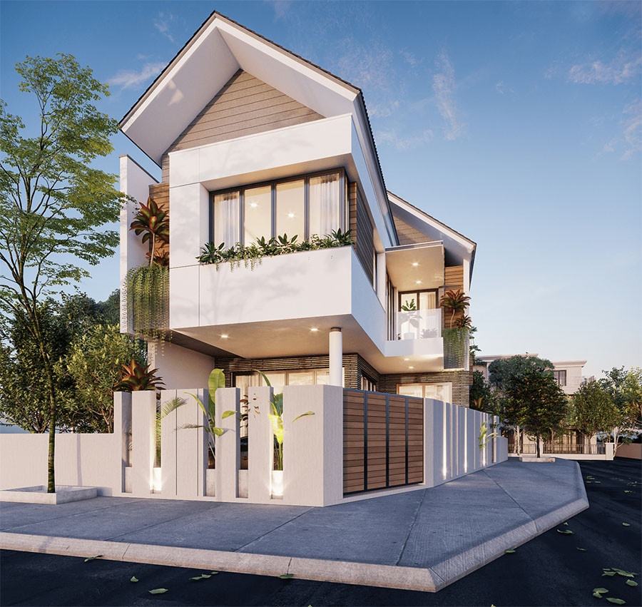 Nhà phố mái thái ở góc giao lộ nổi bật với phong cách Hàn Quốc