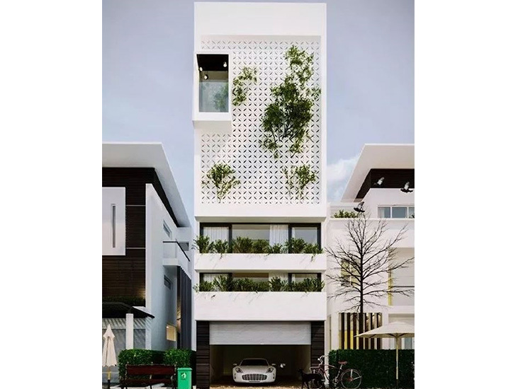 Thiết kế mặt tiền nhà ở hướng tây thông thoáng với gạch bông gió