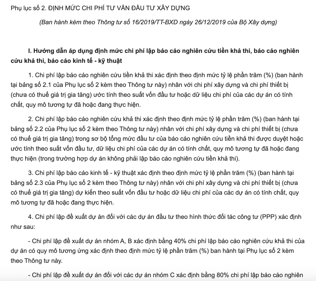 Phụ lục số 2 Thông tư 16/2019/TT-BXD quy định về định mức chi phí tư vấn đầu tư xây dựng
