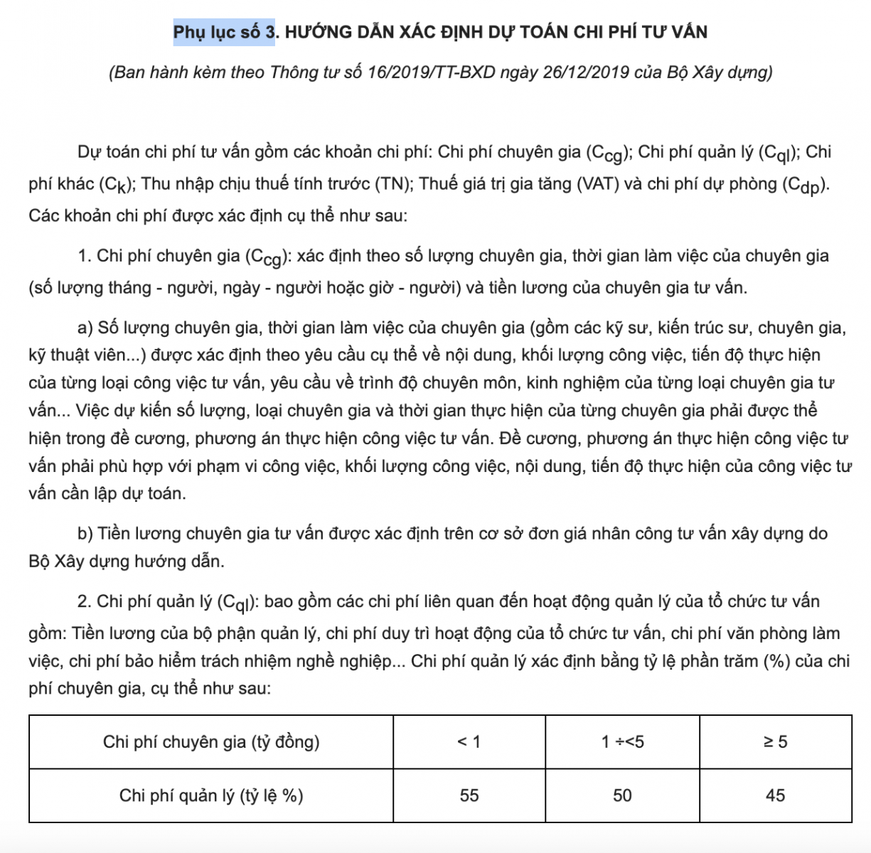 Phụ lục số 3 Thông tư 16/2019/TT-BXD quy định về hướng dẫn xác định dự toán chi phí tư vấn 