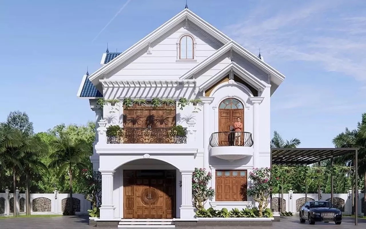 Biệt thự 2 tầng có gác lửng điểm xuyết cây xanh khắp mặt tiền