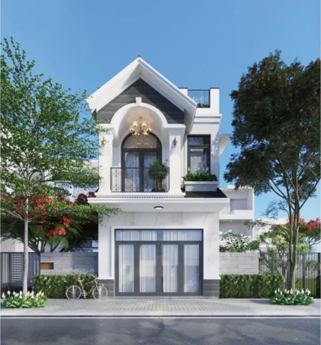 Nhà 2 tầng có sân thượng thiết kế trang trọng theo kiến trúc Pháp