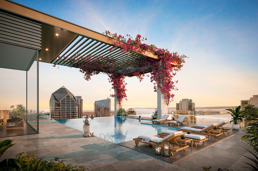 Dàn mái che hoa giấy tím rực rỡ trên bể bơi rooftop