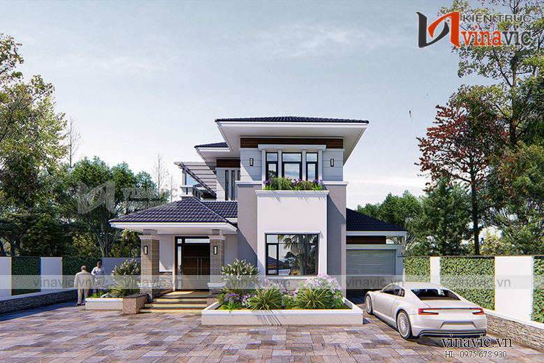 Mẫu nhà 2 tầng mái thái với thiết kế sân vườn rộng kết hợp làm bãi đỗ xe