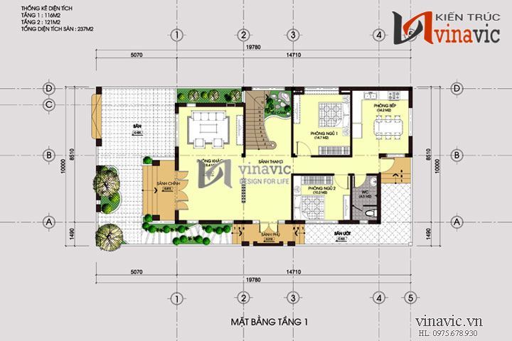 Bản vẽ mặt bằng tầng 1 ngôi biệt thự phố đầy tiện nghi