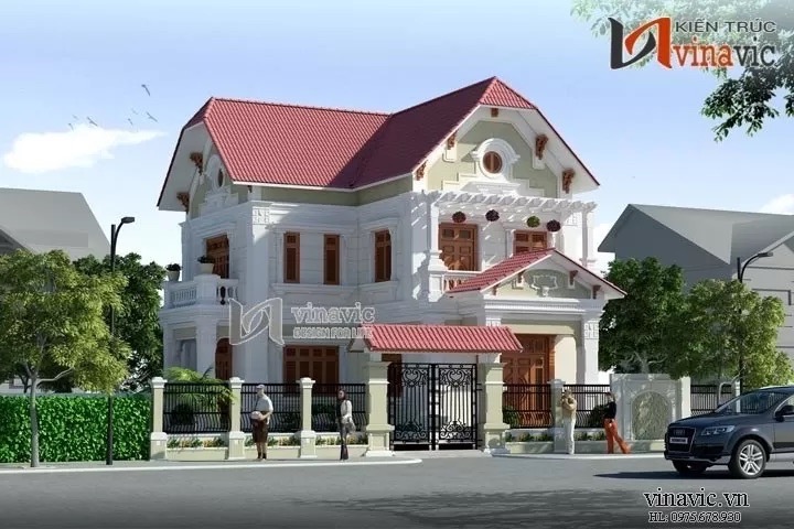 Mẫu nhà 2 tầng 4 phòng ngủ phong cách bán cổ điển