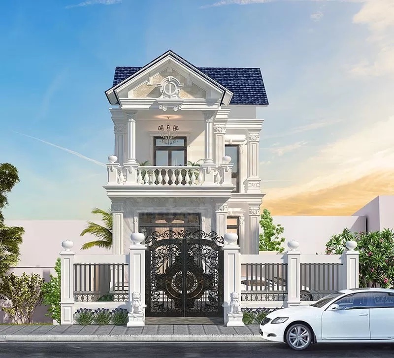 Mẫu nhà ống 2 tầng 5 phòng ngủ có sân trước rộng làm chỗ để xe ô tô