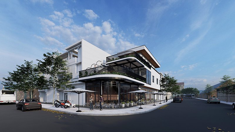 Nhà 2 tầng hình chữ L 120m2 nhỏ gọn giúp tận dụng tối đa công năng dáng đất bị xéo