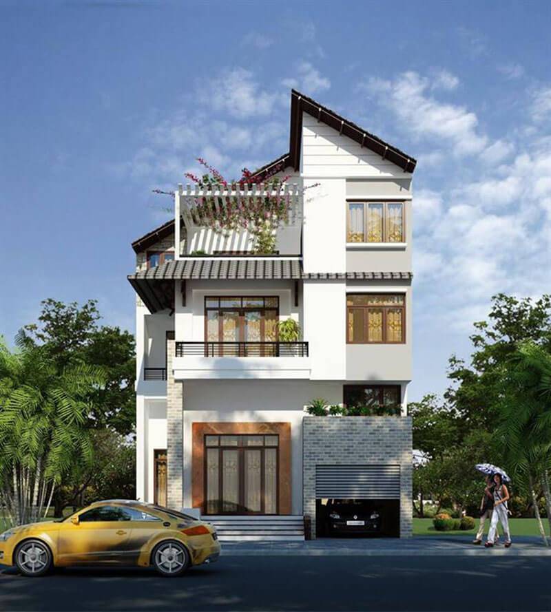 Nhà phố 2 tầng 1 tum với thiết kế mái lệch phá cách