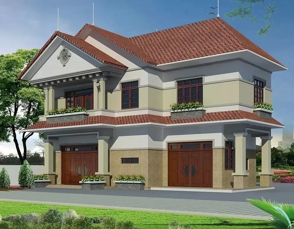 Thiết kế nhà biệt thự 2 tầng 100m2 mái ngói đỏ