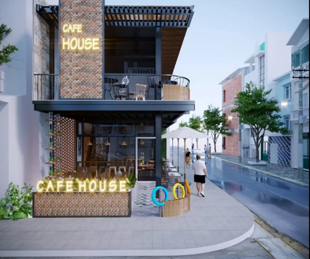 Thiết kế nhà 2 mặt tiền 2 tầng kinh doanh cafe với không gian mở