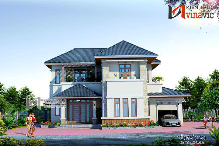 Mẫu nhà 2 tầng chữ L có gara đậu xe bên hông