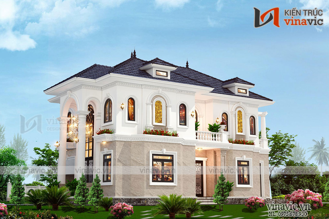 Mẫu nhà ngang đẹp 2 tầng nổi bật với những đường vòm duyên dáng và dàn thực vật sống động