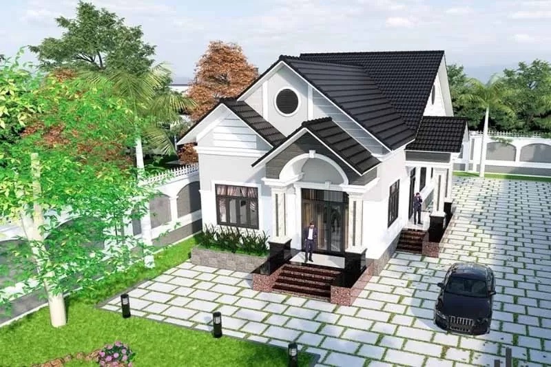 Mẫu nhà vườn mái thái 1 tầng có sân vườn rộng kiêm gara đỗ xe