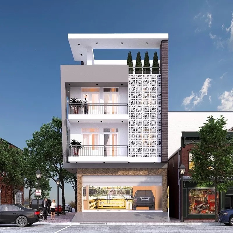 Mặt tiền nhà phố 3 tầng hướng Tây Nam ốp gạch bông gió chống nóng hiệu quả