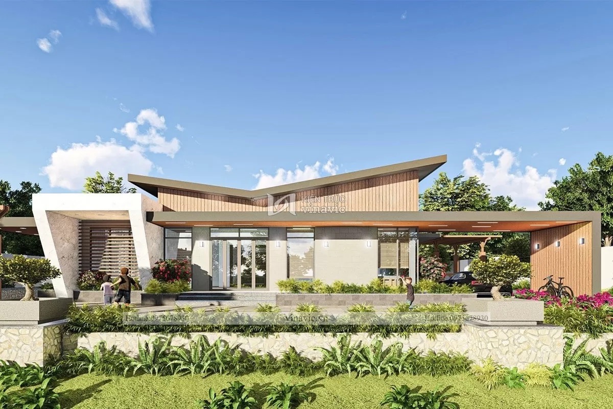 Thiết kế nhà nằm ngang với hệ mái bê tông cốt thép thiết kế lệch độc lạ