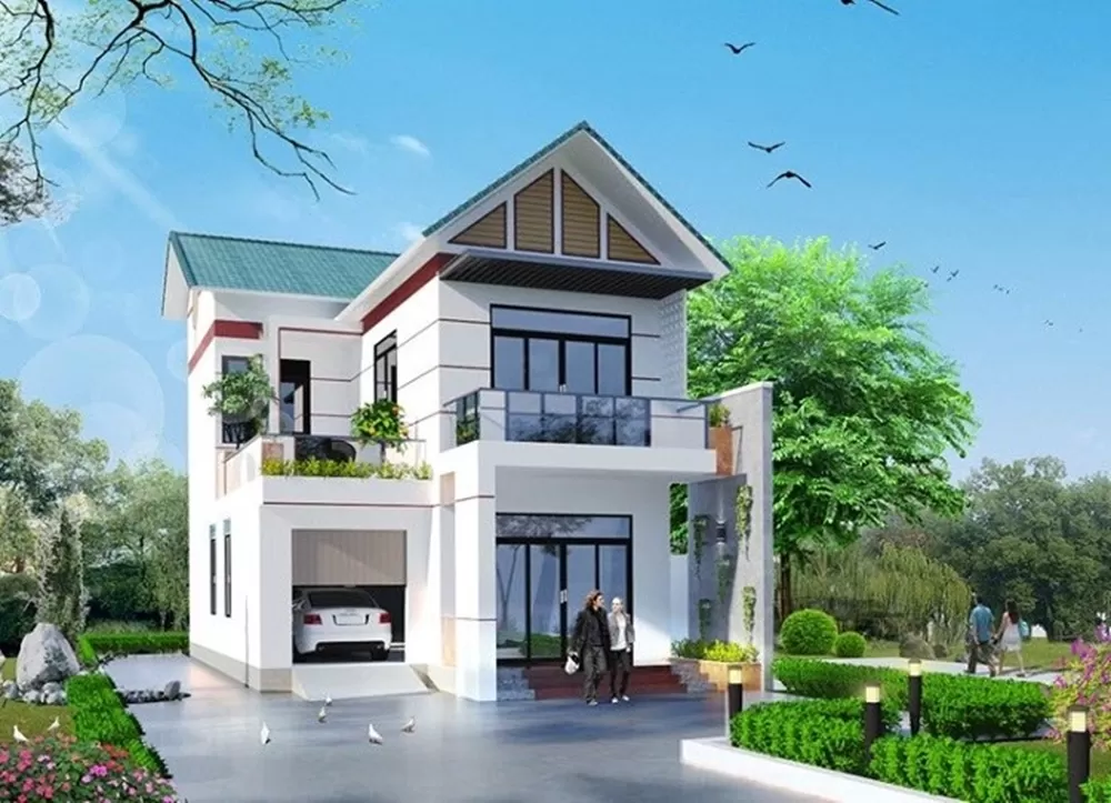 Nhà 2 tầng mặt tiền 9m bố trí 3 phòng ngủ thiết kế kết hợp ưu điểm của các phong cách kiến trúc hiện đại