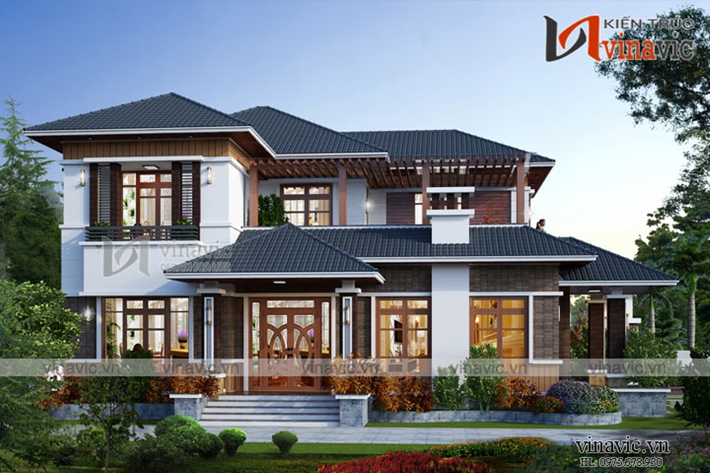 Mặt tiền thiết kế biệt thự 2 tầng 200m2 hiện đại mái nhật