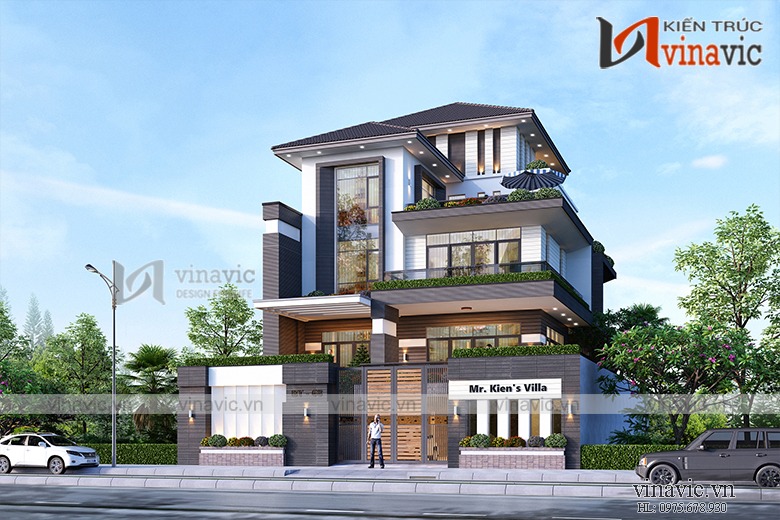 Góc chính diện biệt thự 3 tầng 4 phòng ngủ mái thái