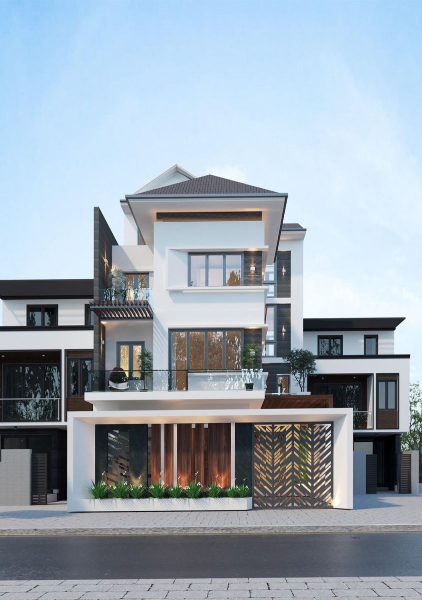 Kiến trúc mái nhật tone màu tím than hoà cùng nền sơn trắng đẹp tiện nghi