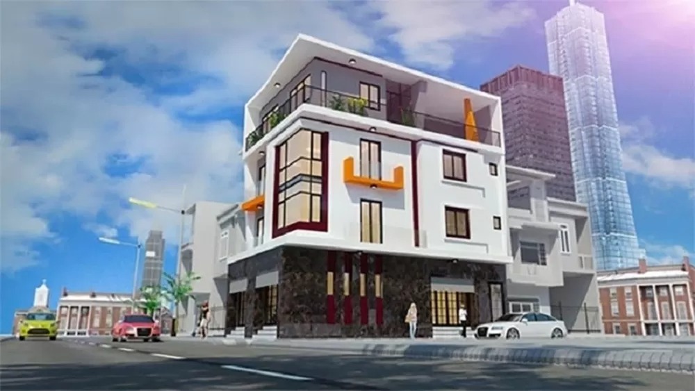 Mẫu nhà 3 tầng kiểu dáng ấn tượng kết hợp quán nước tầng 1