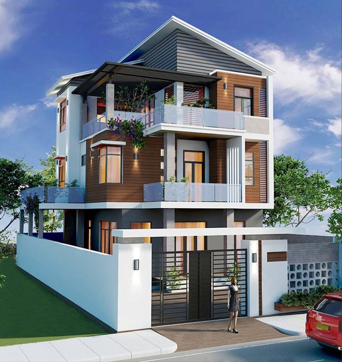 Mẫu nhà 3 tầng mái lệch thiết kế kính phối hợp gỗ đón nắng, đón gió