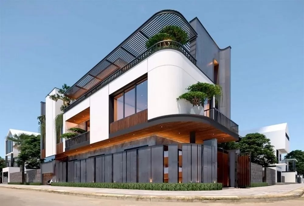 Ngoại thất nhà 3 tầng kết hợp 3 màu trắng, ghi, nâu theo nguyên tắc 60 - 30 - 10