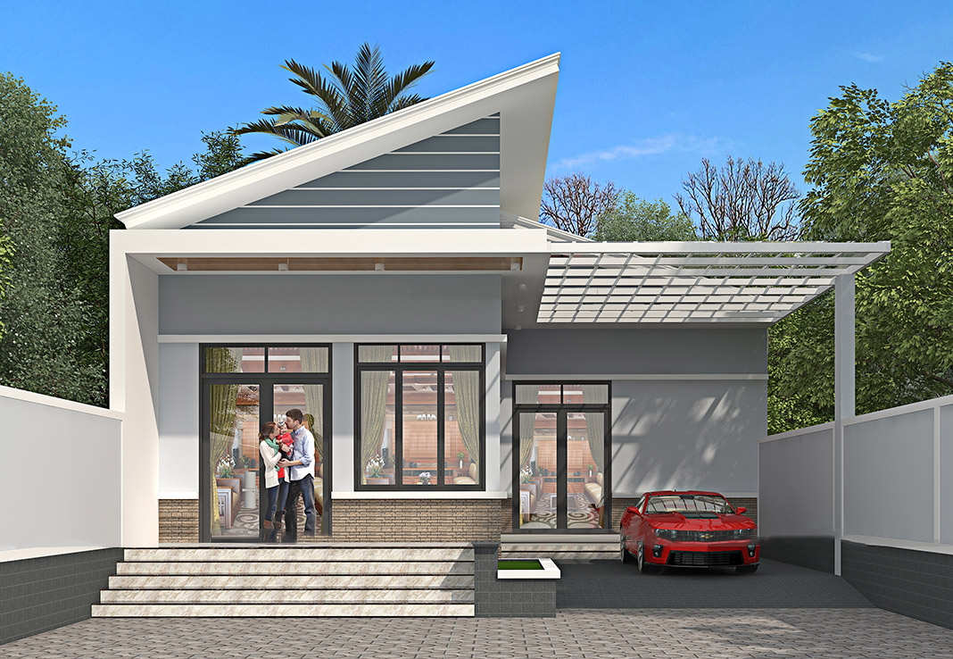 Kiến trúc nhà cấp 4 chữ L mái lệch độc đáo