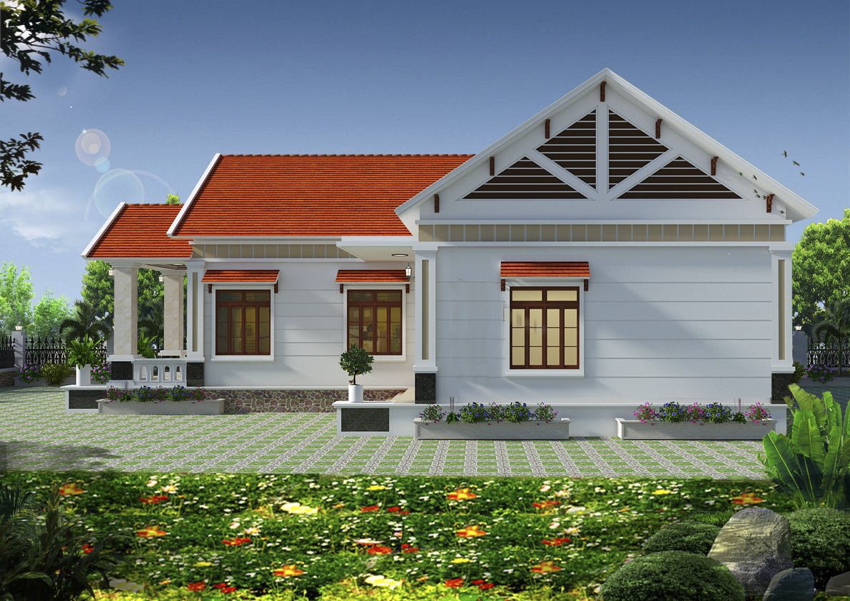 Mẫu nhà 1 tầng chữ L 100m2 mái ngói đỏ