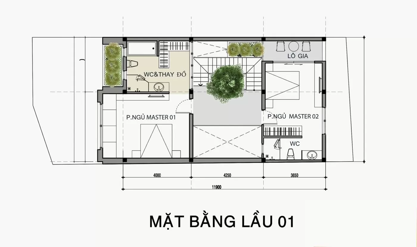 Tầng 2 gồm 2 phòng ngủ master cho vợ chồng gia chủ và con trai cùng vợ sắp cưới