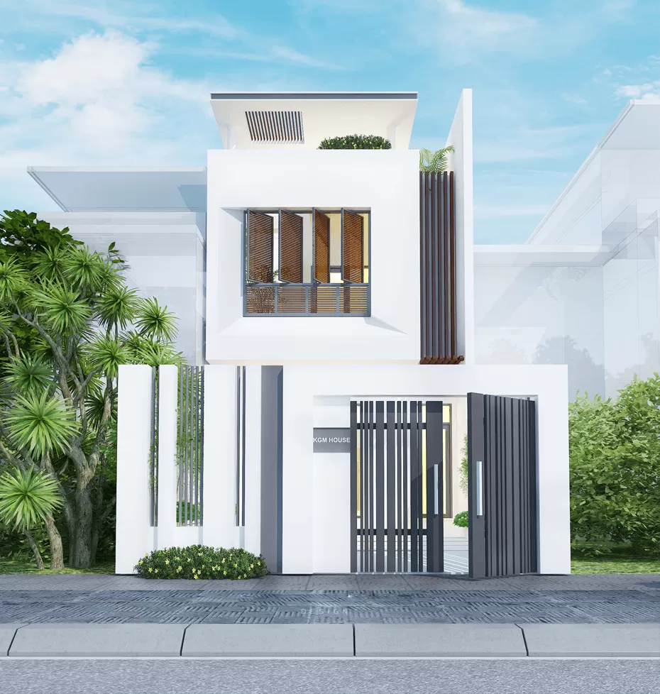 Mẫu nhà 2 tầng thiết kế cửa sổ nan gỗ và sân thượng mái bằng khá độc đáo