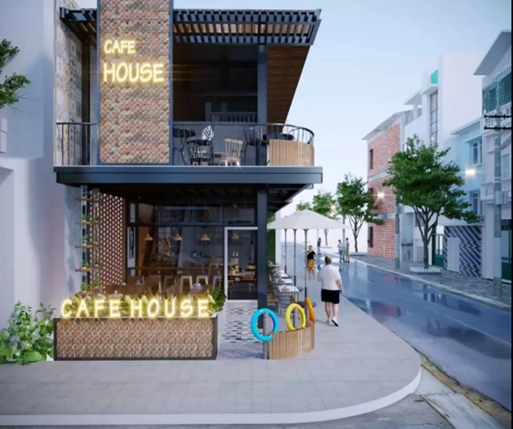 Thiết kế nhà phố 2 mặt tiền 2 tầng kinh doanh cafe với không gian mở ấn tượng độc đáo