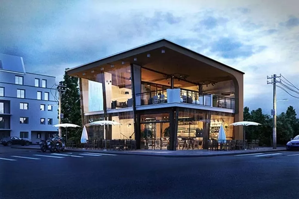 Nhà lô góc thiết kế kinh doanh quán cafe mở với ô cửa kính to lấy ánh sáng từ thiên nhiên
